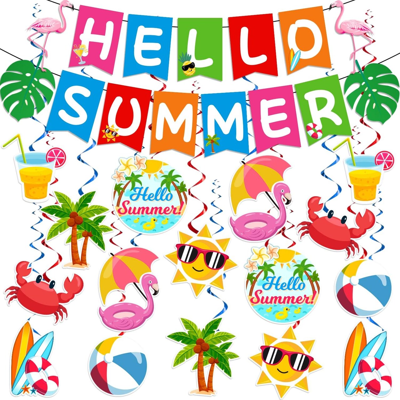 Summer Party Decorations Set – Beach Party Decorations with Hello Summer Banner & Hanging Swirl Streamers, Summer Holiday Birthday Party Supplies